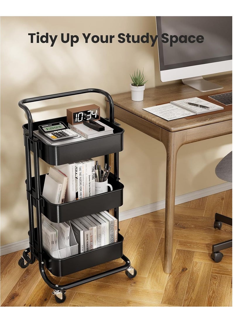 3 Tier Mesh Utility Cart, Rolling Metal Organization Cart with Handle and Lockable Wheels, Multifunctional Storage Shelves for Kitchen Living Room Office （Black）