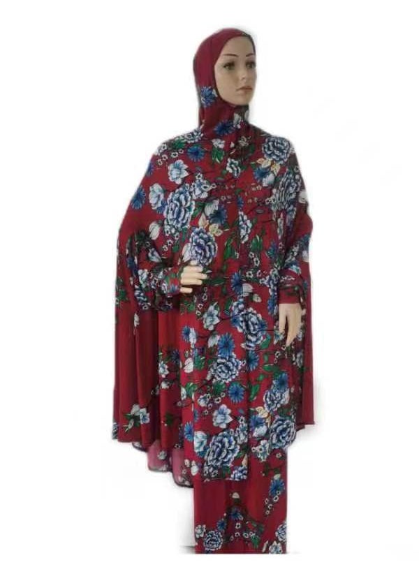 1 x 5 pcs Fashion Plus Size Floral Kaftan Dress Set wine red hydrangea