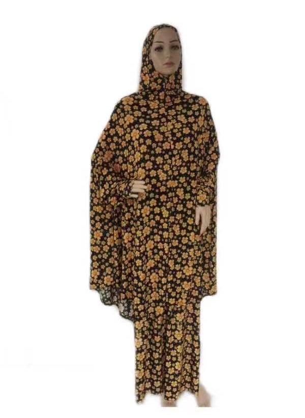 1 x 5 pcs Fashion Plus Size Floral Kaftan Dress Set yellow chrysanthemum on black background