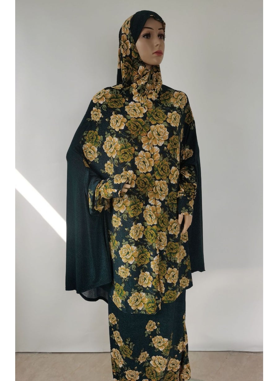 1 x 5 pcs Fashion Plus Size Floral Kaftan Dress Set Dark Green Peony