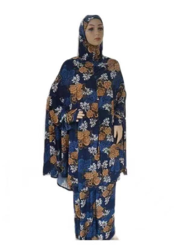 1 x 5 pcs Fashion Plus Size Floral Kaftan Dress Set navy blue bottom camel rose