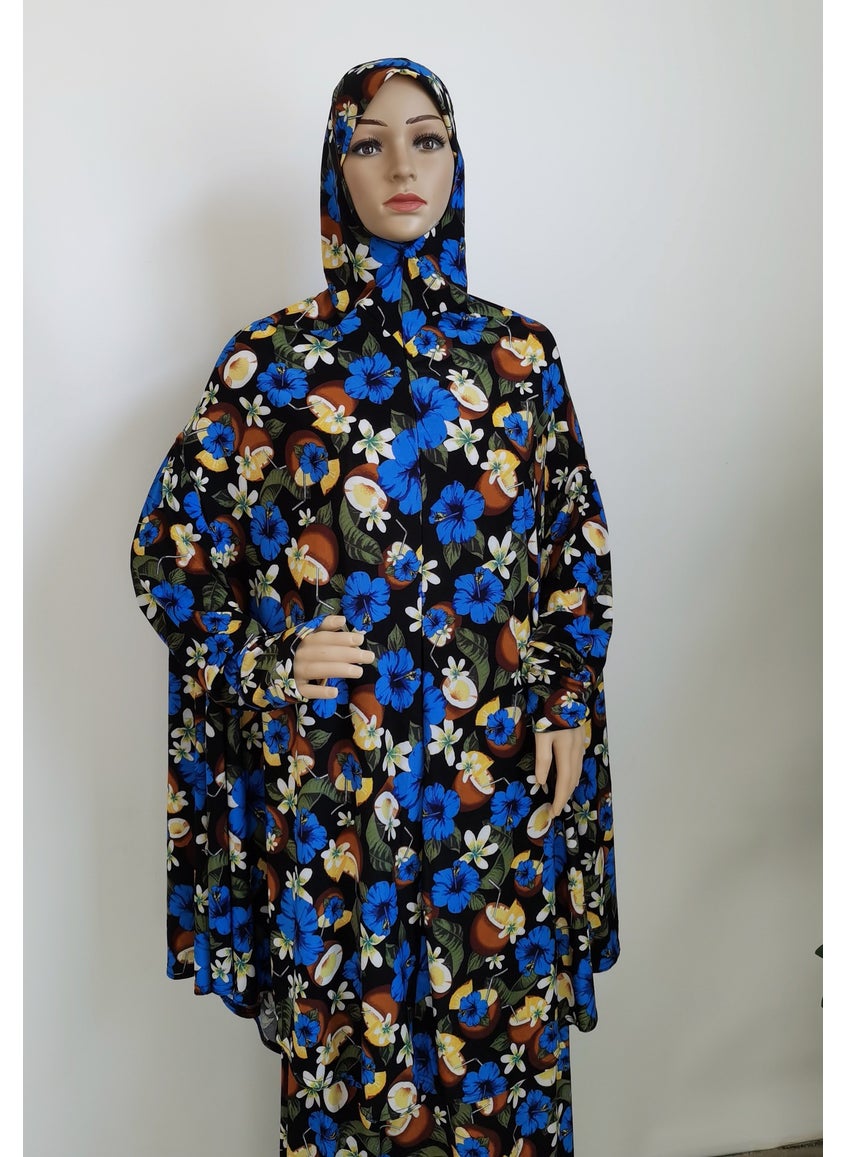 1 x 5 pcs Fashion Plus Size Floral Kaftan Dress Set Sapphire blue flowers on black background