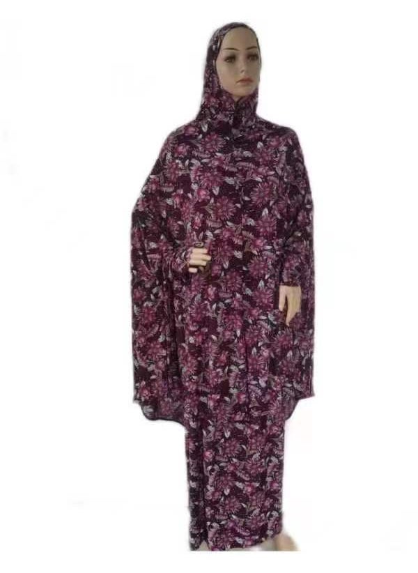 1 x 5 pcs Fashion Plus Size Floral Kaftan Dress Set wine red chrysanthemum