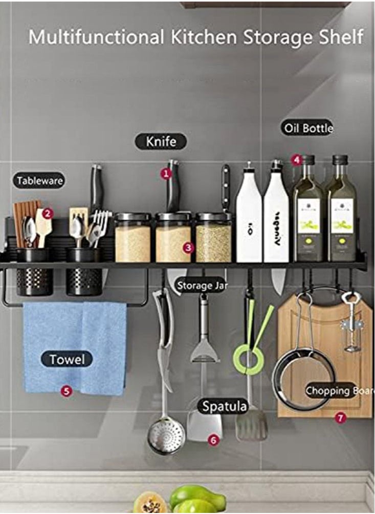 Wall Mounted Spice Rack with 12 Removable Hooks Floating Shelves Holder with Towel Bar Heavy Duty Storage Shelf Features Self Adhesive Anti Rust Stainless Steel Design with Large Load Capacity