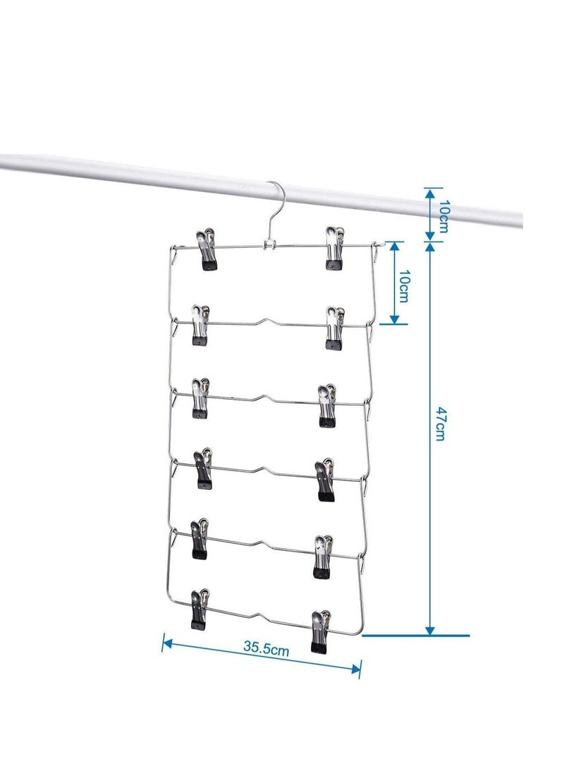 Space Saving 6 Tier Metal Skirt Hanger with Clips 1PCS Hang 6-on-1, Gain 70% More Space, Rubber Coated Clips,360 Swivel Hook, Adjustable Pants Hanger, Slack, Trouser, Jeans, Towels