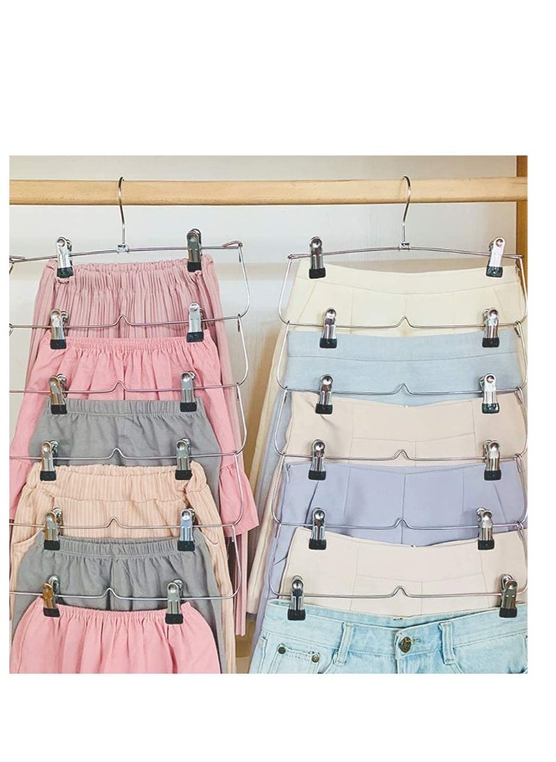 Space Saving 6 Tier Metal Skirt Hanger with Clips 1PCS Hang 6-on-1, Gain 70% More Space, Rubber Coated Clips,360 Swivel Hook, Adjustable Pants Hanger, Slack, Trouser, Jeans, Towels