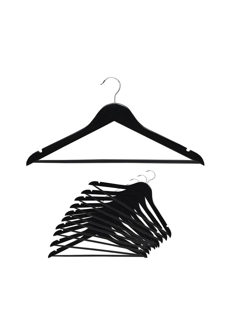 A Set Of 10 Black Wooden Coat/Suit Hangers, Hangers Clothes With 360° Swivel, Non-slip Pants Bar, Shoulder Notches for Camisole, Jacket, pants (10-Pack)