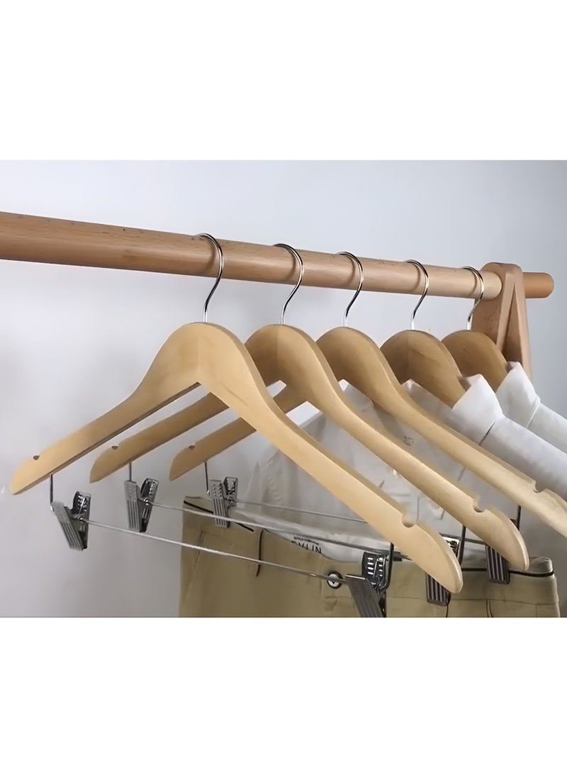 A Set Of 10 Natural Blonde Wood Color Coat/Suit Hangers, Hangers Clothes With 360° Swivel, Metal Bar With Clips For Skirt or Trousers, Shoulder Notches for Camisole, Jacket, pants (10-Pack)