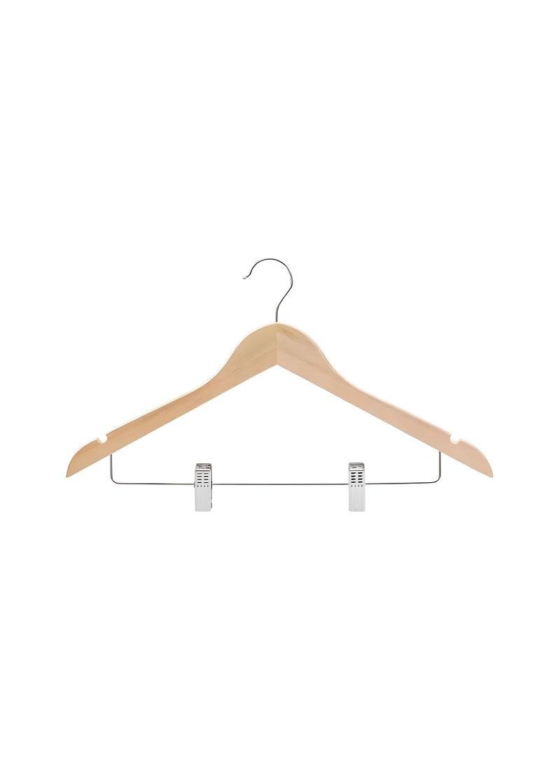 A Set Of 10 Natural Blonde Wood Color Coat/Suit Hangers, Hangers Clothes With 360° Swivel, Metal Bar With Clips For Skirt or Trousers, Shoulder Notches for Camisole, Jacket, pants (10-Pack)