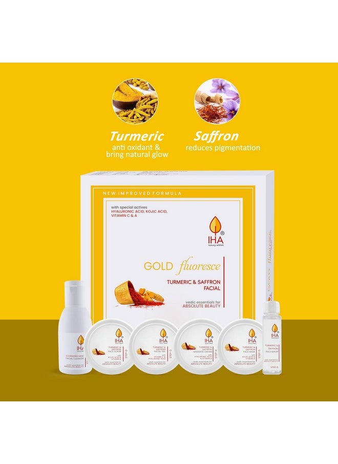 Gold Fluoresce Mini Facial Kit - Herbal Facial Kit With Turmeric And Saffron, Radiant And Glowing Skin, Face Cleanup Kit For Normal To Dry Skin (Combo Of 6)