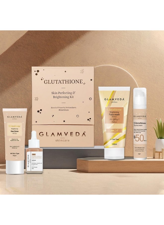 Glutathione 4-Step Skincare Routine For Healthy & Radiant Skin | Skin Brightening And Lightening Combo ( Face Wash + Face Cream + Face Serum + Sunscreen )