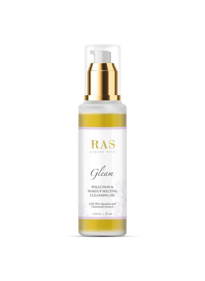 Gleam- Pollution & Makeup Melting Cleansing Oil; Enriched With Olive Oil, Moringa & Chamomile Extracts; Melts Makeup, Removes Dirt And Buildup, Calms & Brightens The Skin ; 50 Ml