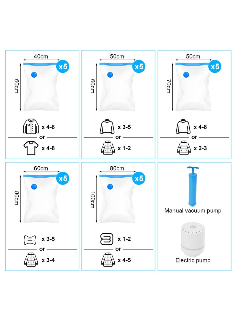 25PCS Vacuum Storage Bag Pack of with Electric Pump and hand pump, Multiple Pack (5×80*100cm,5×80*60cm,5×50*70cm,5×50*60cm,5×40*60cm)，Space Saver for Travel Packing, Reusable Sealer Storage Bag for Clothes,Duvets, Pillows, Blankets, Curtains
