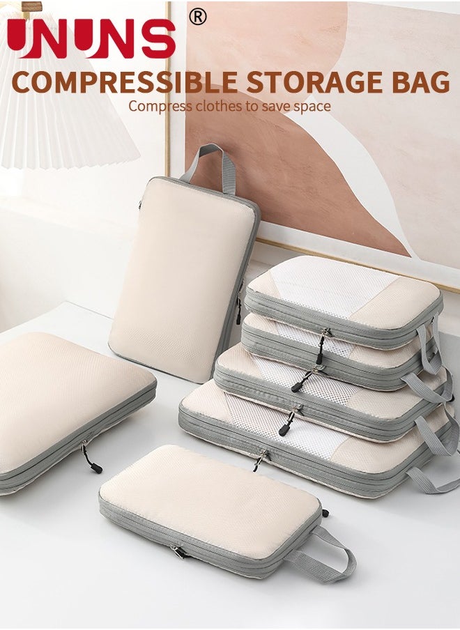 Packing Cube Set,7Pcs Compression Packing Cubes For Suitcases,Lightweight Compression Bags Organizer For Luggage,Beige