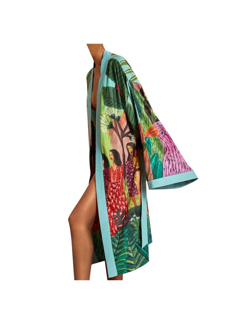 Fashionable Floral Kimono Jacket for Women Green