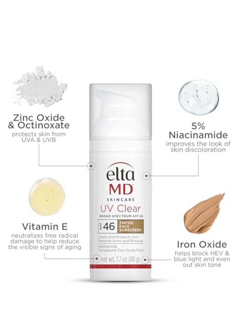 EltaMD UV Clear Facial Sunscreen SPF 46 - For Skin Types Prone To Acne, Rosacea & Hyperpigmentation - Tinted 48g/1.7oz Cream