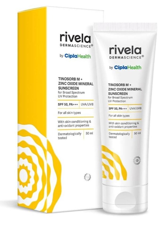 Rivela Dermascience By Cipla SPF 50, PA+++ Mineral Sunscreen Lotion With Tinosorb M, No White Cast, UVA/UVB Protection For Normal to Dry Skin, 50ml