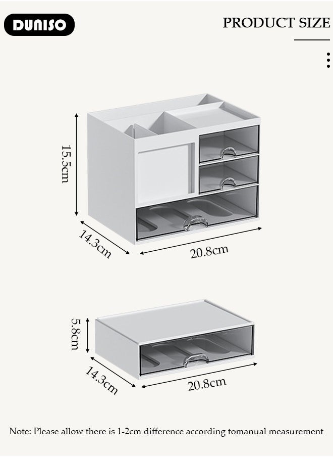 Pen Organizer with 4 Drawers, Multi-Functional Pencil Holder Storage Box for Desk, Desk Organizers and Accessories with 4 Compartments, Plastic Makeup Organizer for Office Supplies, Home, School, White