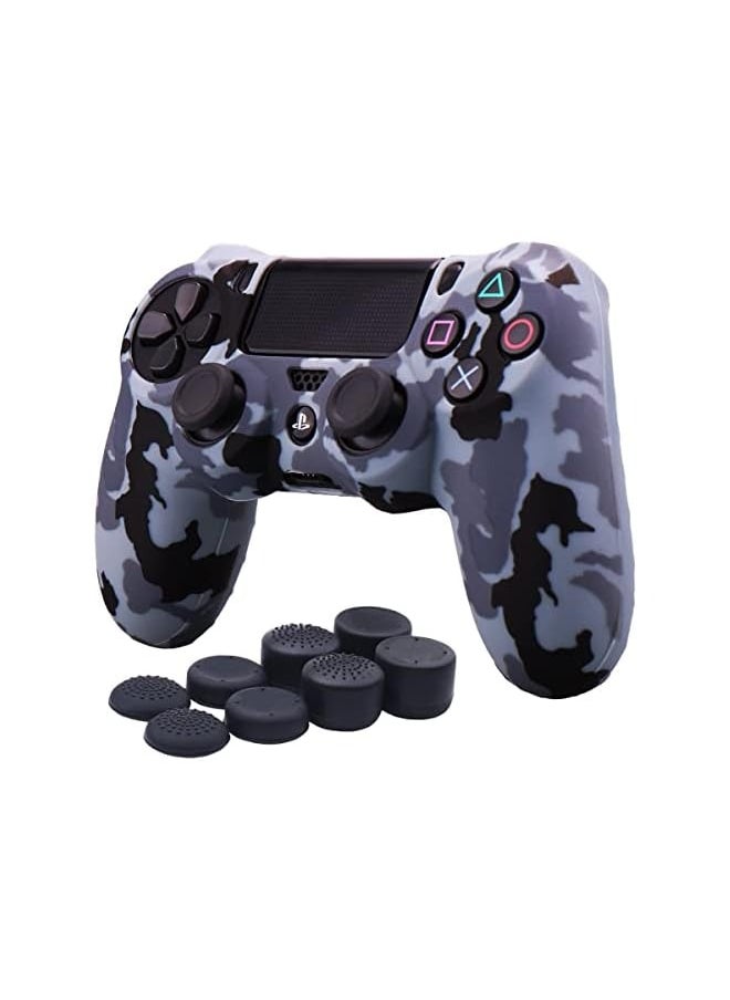 Camouflage Grey Soft Silicone Rubber Case Cover Compatible with Sony Station DUALSHOCK 4 PS4/Slim/Pro Controller Skin Thumb Grips(x8) Joystick Stick Grips Caps (Grey)