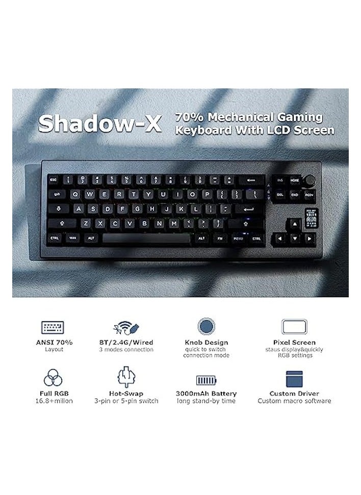 Shadow-X Gasket Mechanical Keyboard, Hot Swappable 2.4ghz/Bluetooth/USB-C Wired Gaming Keyboard with Screen, 3000mAh Battery, Poron Foam, Silicon Pad for Win/macOS/Linux (Budgerigar Switch)