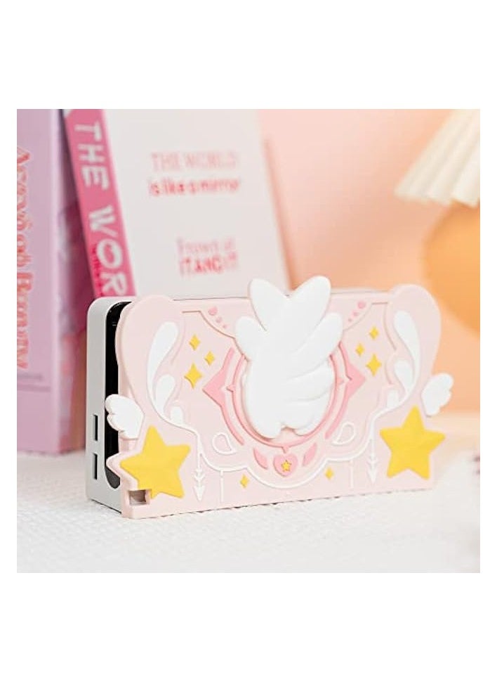 Soft Silicone Faceplate Cover for Nintendo Switch/OLED Charging Dock, Anti-Scratch Dock Cover- Star Wings Series (Pink)