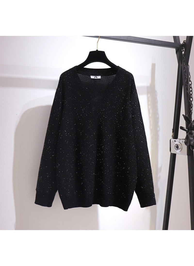 Plus Size V-Neck Knit Sweater and Velvet Skirt Set Autumn 2024 Black Top (7 days shipping)