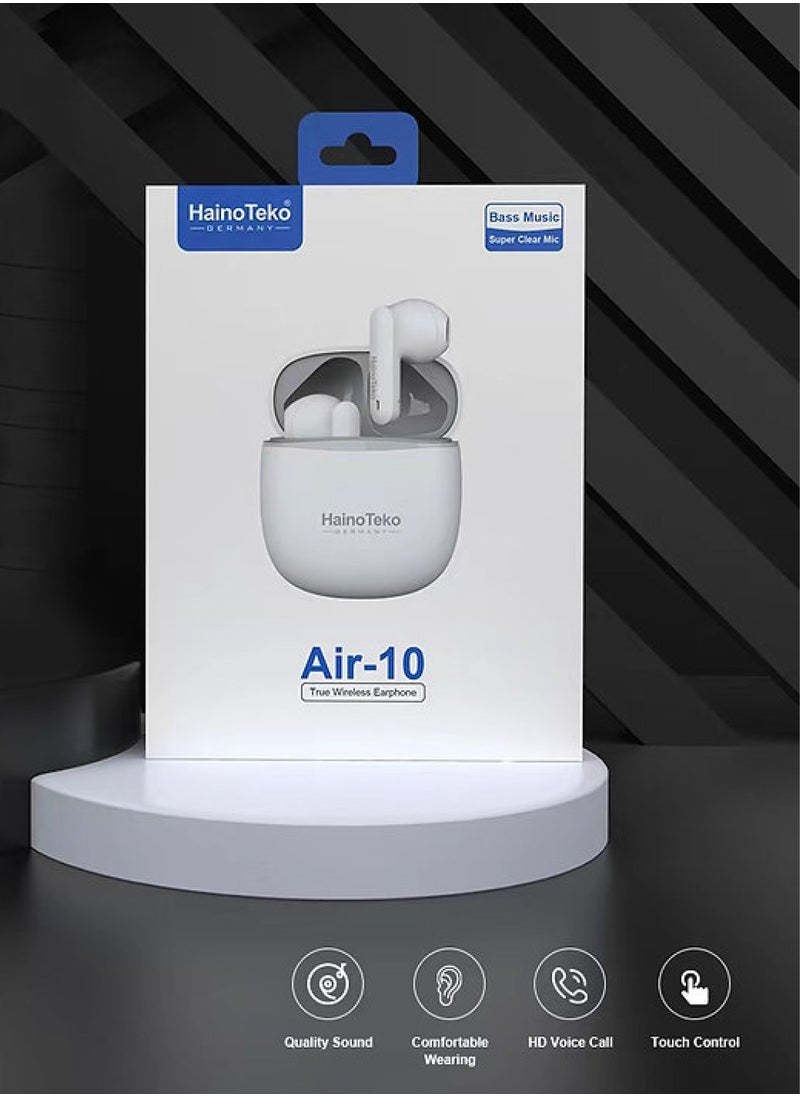 Air 10 Wireless Bluetooth Earphone with Bass Music Super Clear Mic For Android and iOS Mobiles - White