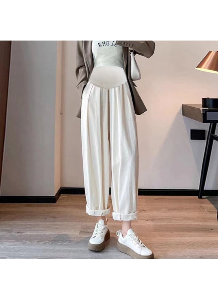 Maternity Cotton-Linen Wide Leg Pants for Spring Apricot [Abdominal Adjustment]]