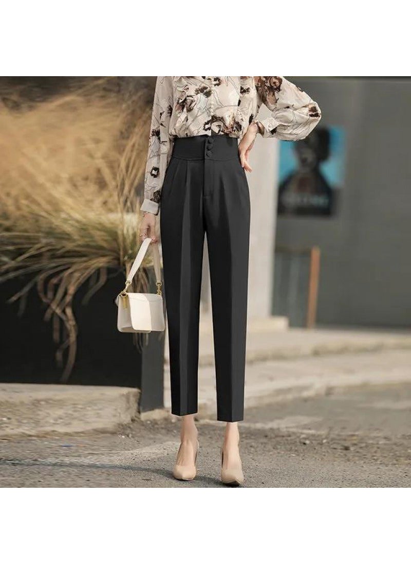 High Waist Trousers for Women Slimming 2023 Autumn Casual Suit Pants Black nine points [elastic anti-wrinkle no Pilling]]