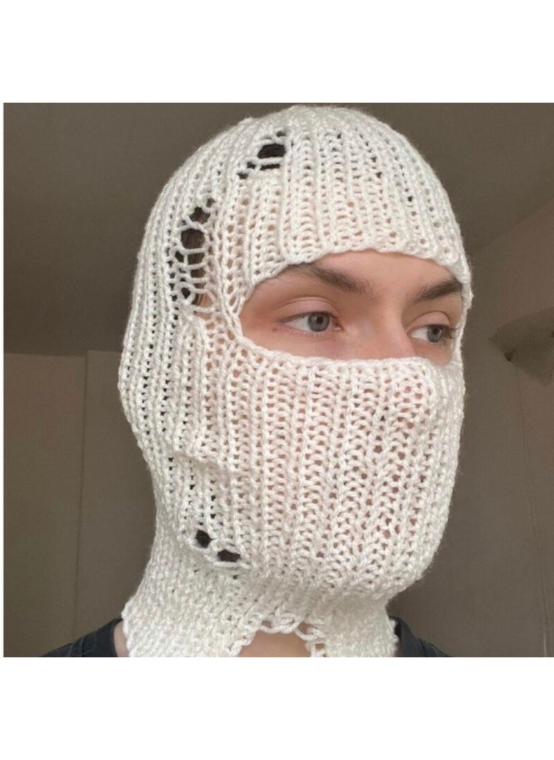 1 x 5 pcs 2024 New Knit Ski Mask Handmade Distressed Halloween Creamy-white ripped glossy cap in stock