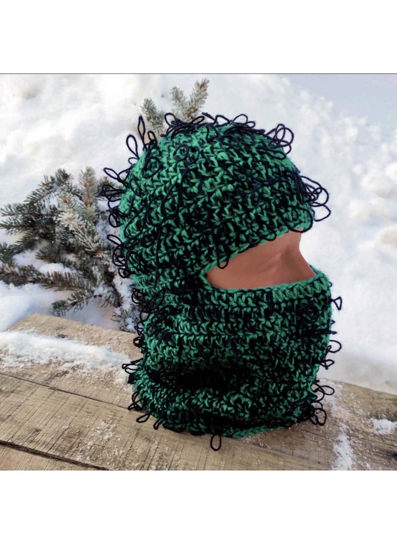 1 x 5 pcs 2024 New Knit Ski Mask Handmade Distressed Halloween Dark green + black coil