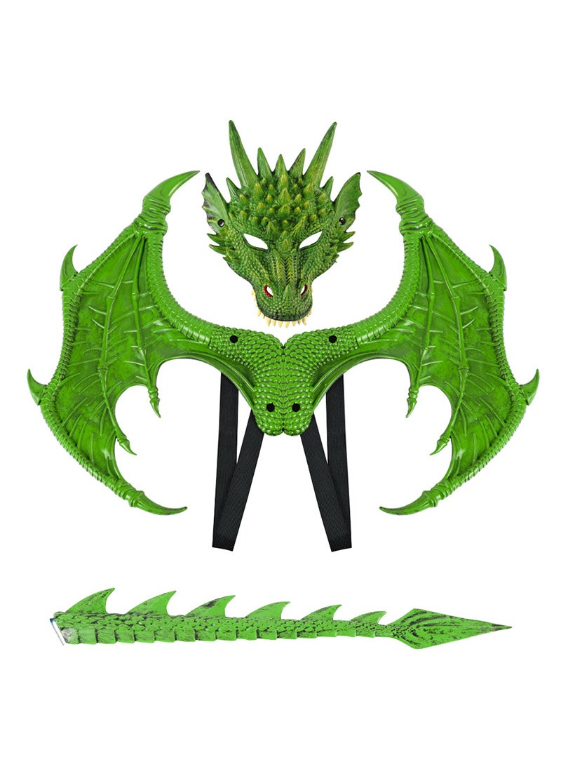 1 x 5 pcs Kids Dragon Costume Set Halloween Party Old PU green RP dragon wings three-piece set