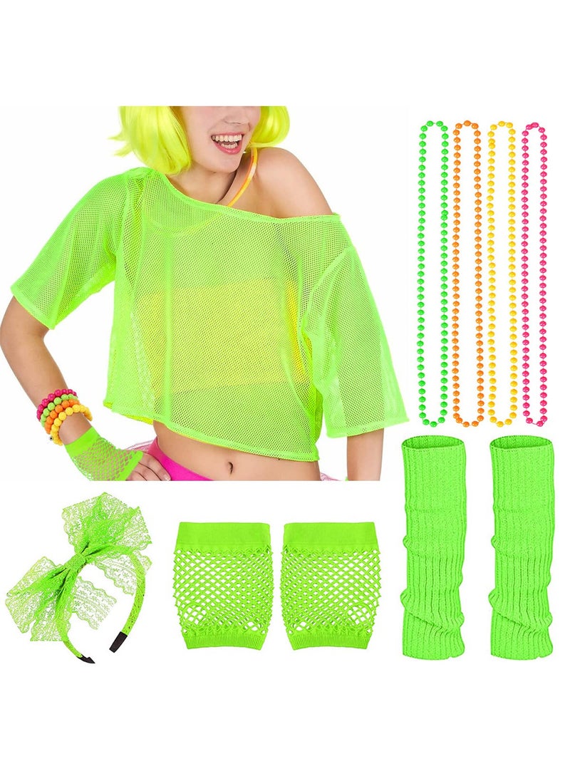 1 x 5 pcs 1980s Neon Lace T-Shirt and Fishnet for Halloween Fluorescent green suit