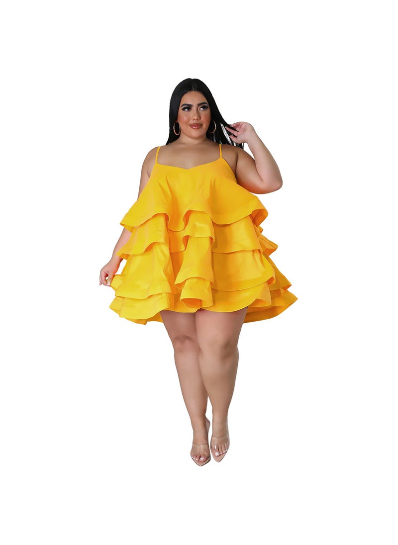 Sleeveless Ruffle Hem Dress with Adjustable Straps Yellow