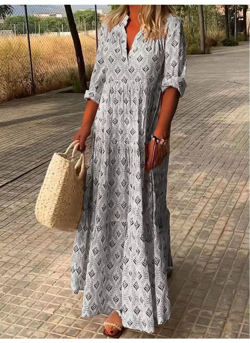 1 x 5 pcs 2023 Autumn Elegant Plus Size Retro Collar Maxi Dress Gray