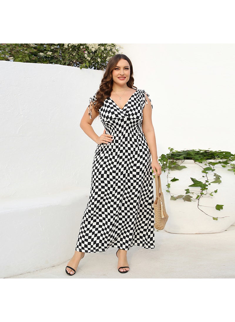 1 x 5 pcs Plus Size Floral Printed Maxi Dress Black-Plaid