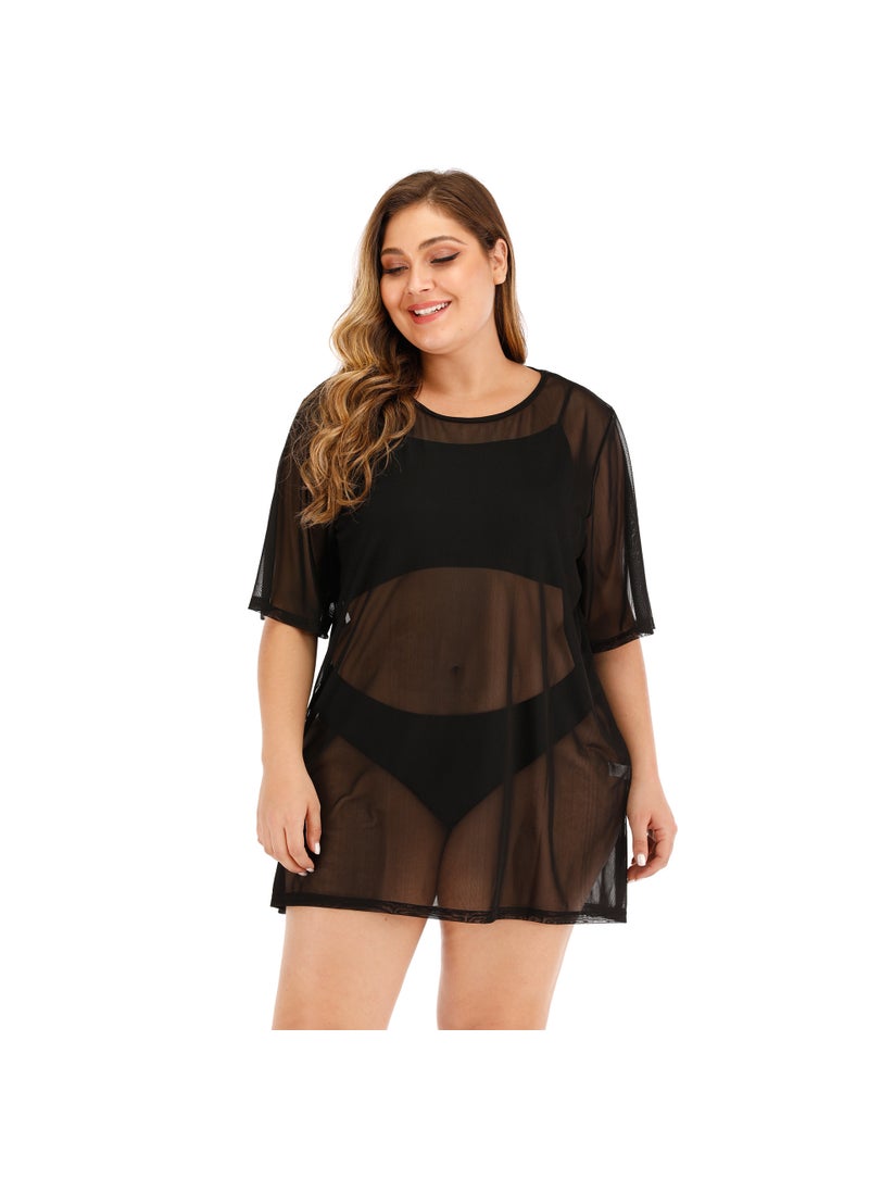 Plus Size Sheer Mesh Beach Dress Bikini Cover-Up F1420 Black