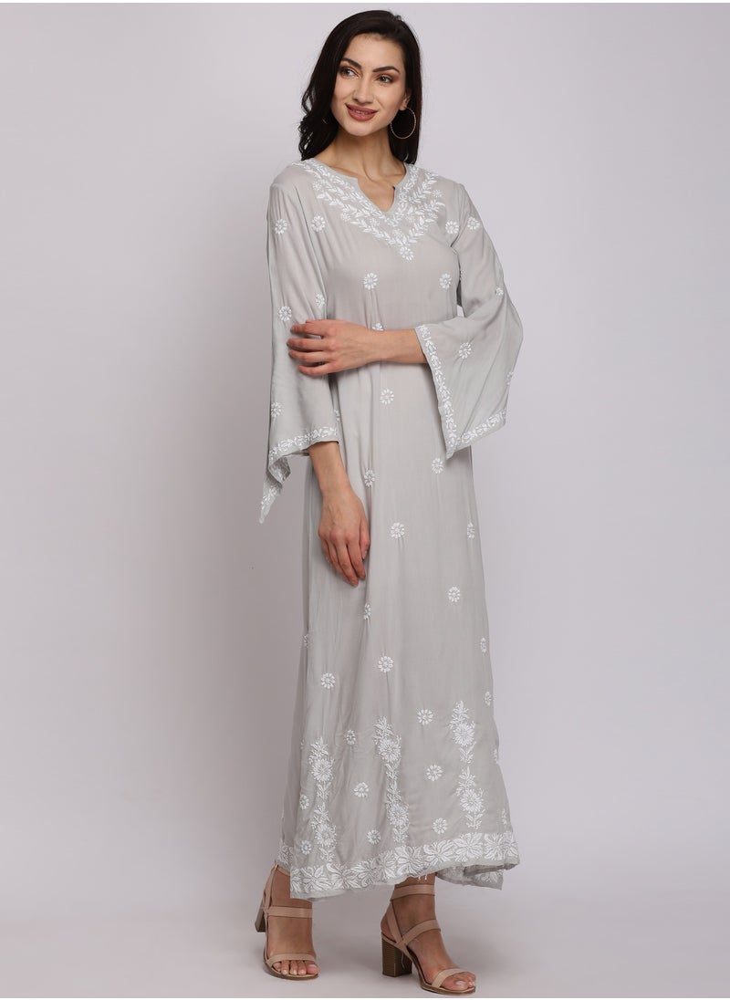 Chikankari Women Hand Embroidered Rayon A-Line Dress -AL1004