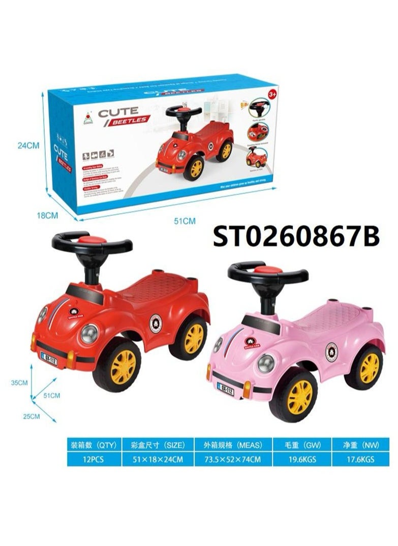 Adorable Cute Beetles Ride-On Toy Car for Kids – Fun, Safe, Durable Push Car with Steering Wheel, Perfect for Indoor and Outdoor Play, Available in Red and Pink for Toddlers and Children Aged 3+