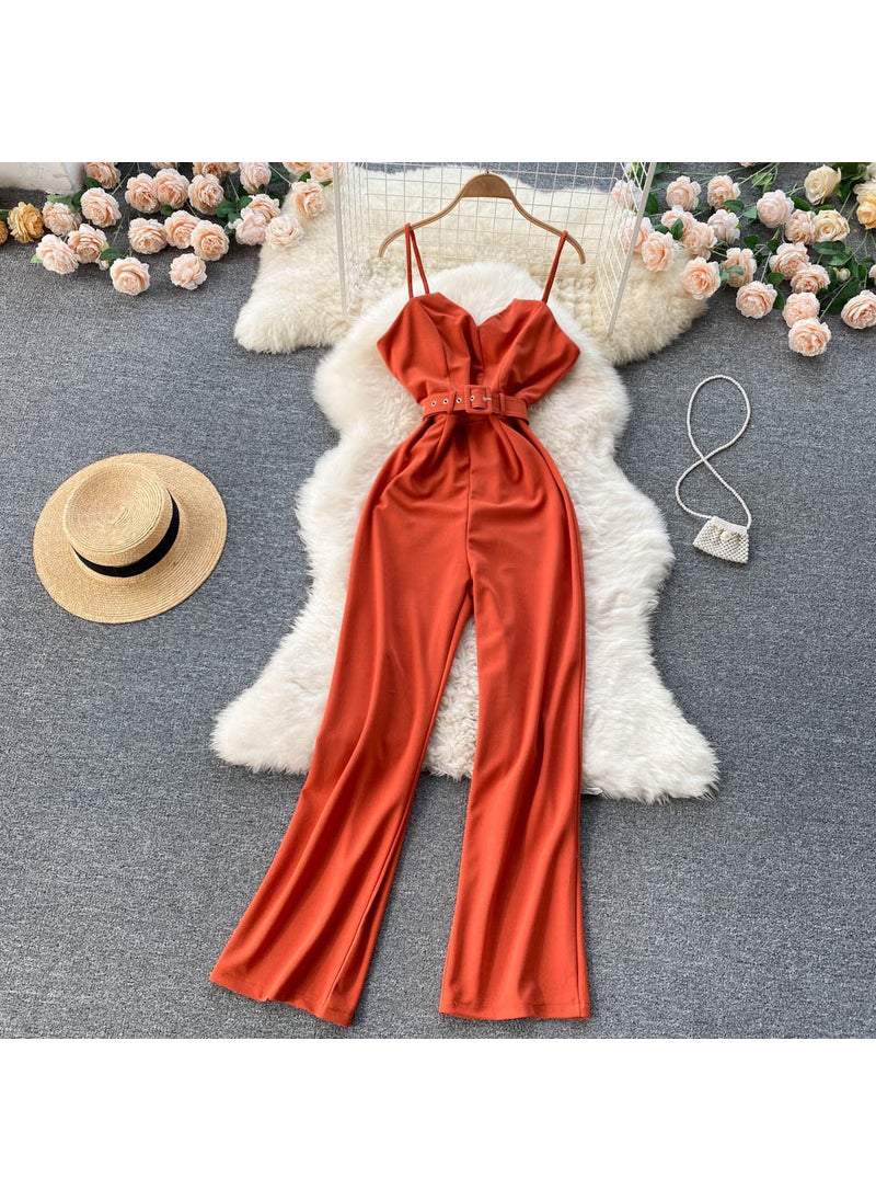 Korean OL Style Sleeveless One-Piece Pants Orange Red