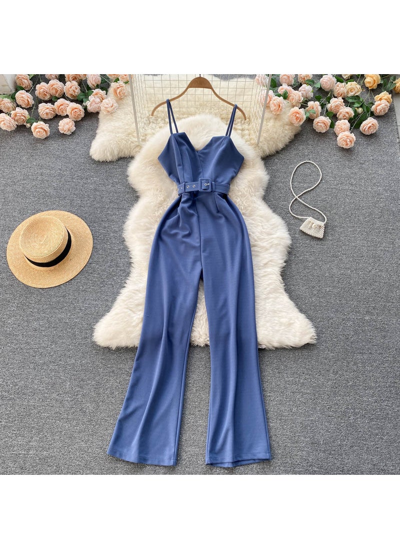 Korean OL Style Sleeveless One-Piece Pants Blue