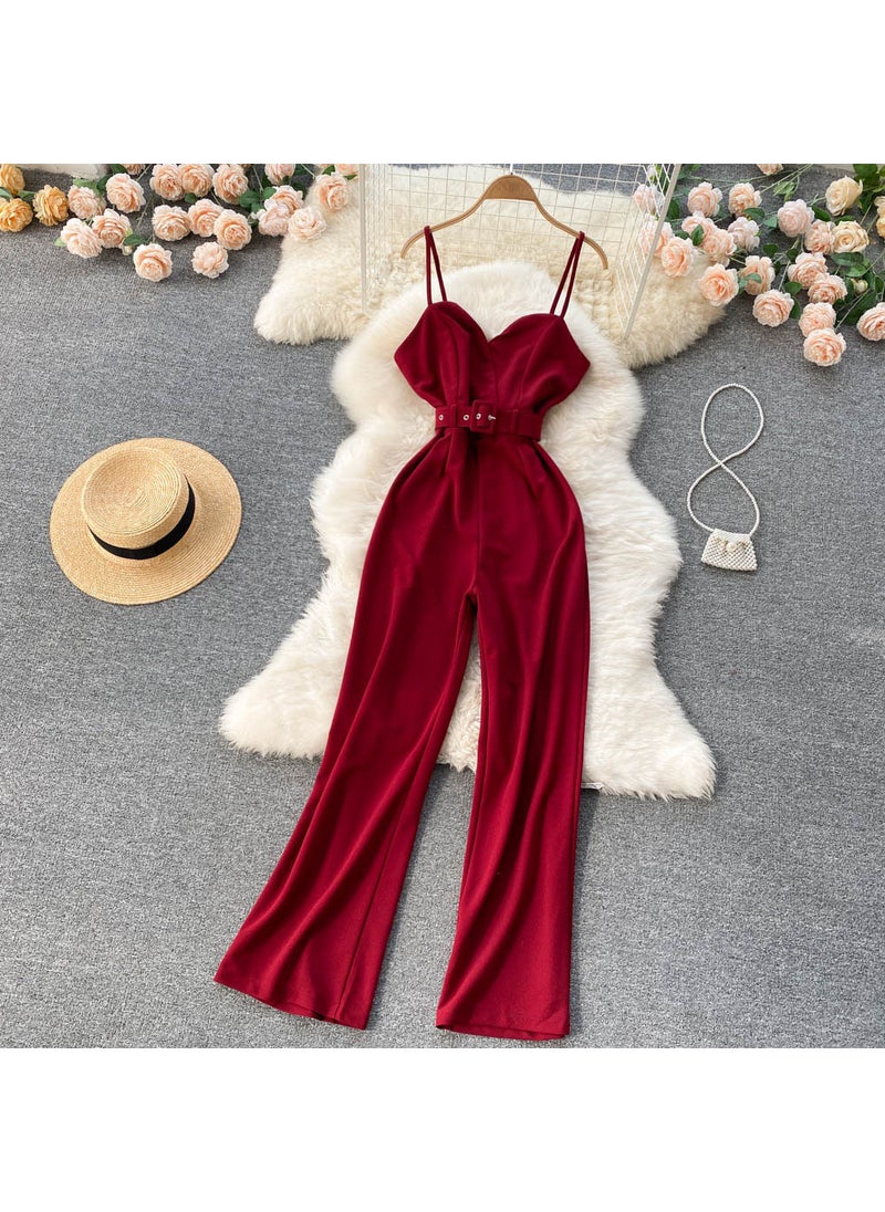 Korean OL Style Sleeveless One-Piece Pants Red