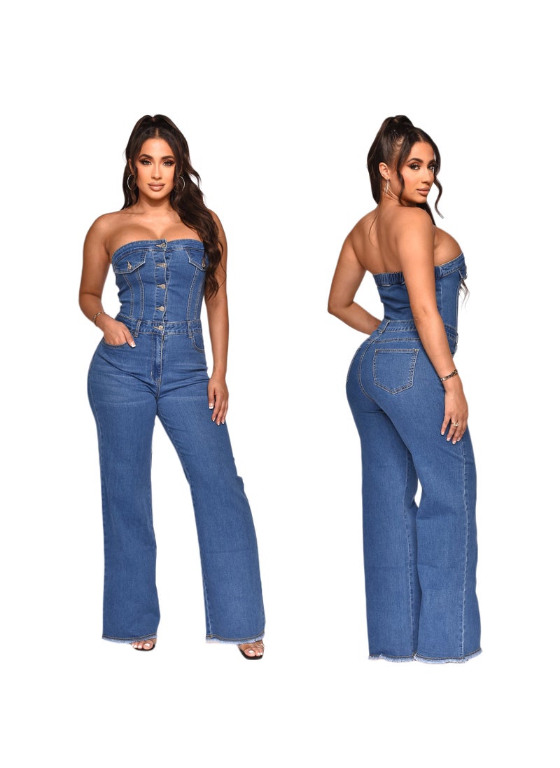 1 x 5 pcs Chic Off-Shoulder Denim Jumpsuit for Women Blue