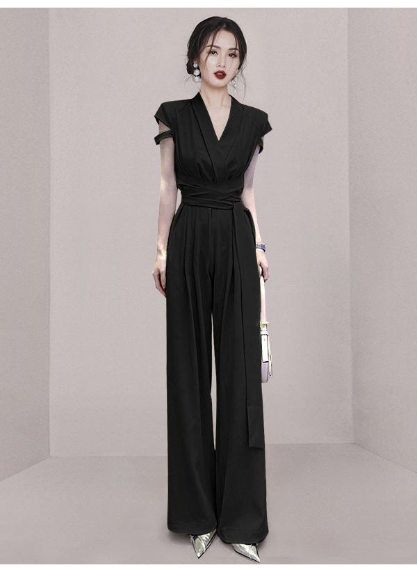 Elegant V-Neck Belted Jumpsuit Slim Fit 2023 New Black