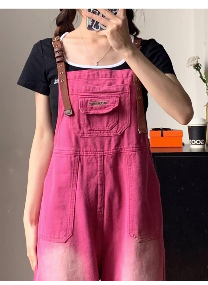 2024 Vintage Pink Denim Jumpsuit for Women Rose Red