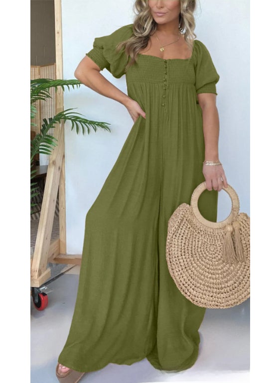 2024 Plus Size Solid Casual Puff Sleeve Jumpsuit for Women Army green