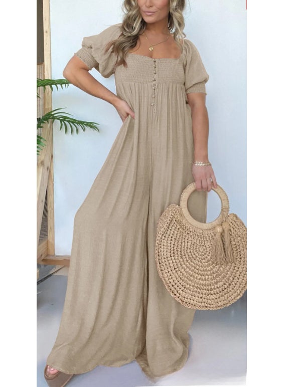 2024 Plus Size Solid Casual Puff Sleeve Jumpsuit for Women Apricot