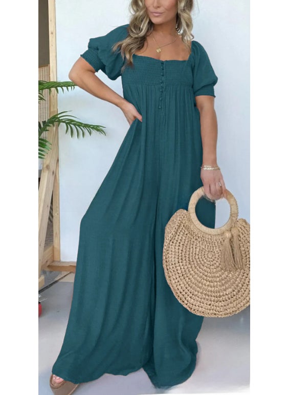 2024 Plus Size Solid Casual Puff Sleeve Jumpsuit for Women Malachite green