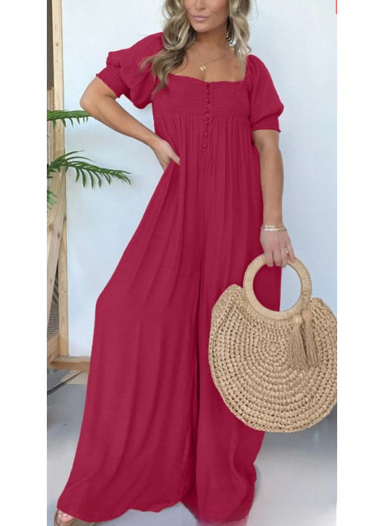 2024 Plus Size Solid Casual Puff Sleeve Jumpsuit for Women Rose red