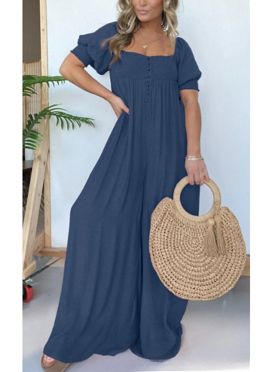 2024 Plus Size Solid Casual Puff Sleeve Jumpsuit for Women Navy blue